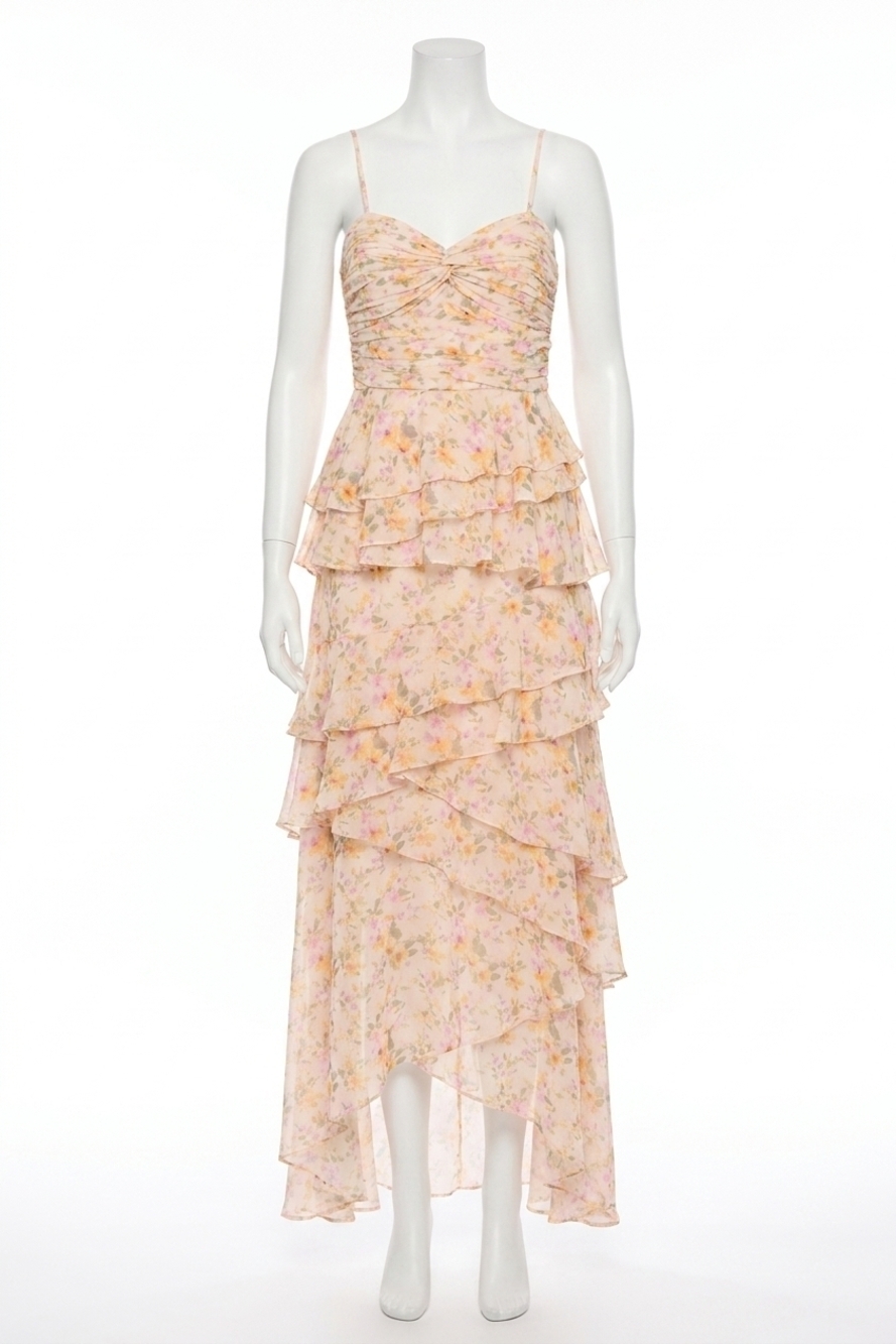 NEW ASTR coline ruffle chiffon maxi dress in pink orange floral
